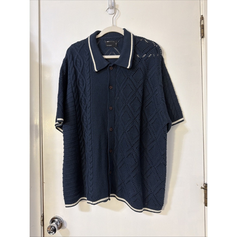 ASOS DESIGN Men's Sz 2X Cable Open Knit Button Front Cardigan Sweater Navy Blue